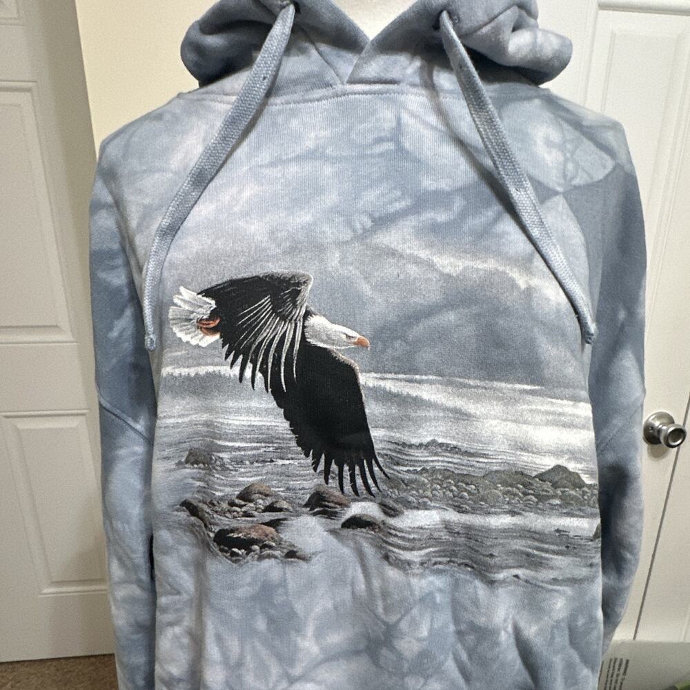 Mountain Men's L Blue/Gray Fleece Pullover Hoodie Tie-Dye Eagle Graphic Pocket - Picture 2 of 10